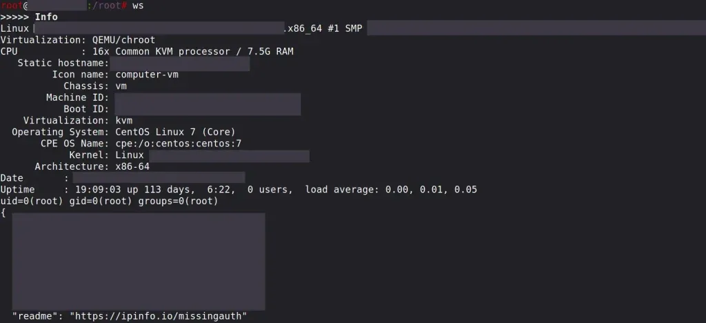 Saída do comando ws (WhatServer) mostrando storage, processos, usuários, sockets e portas