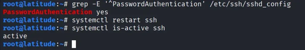 Reinício do serviço SSH e verificação de status ativo