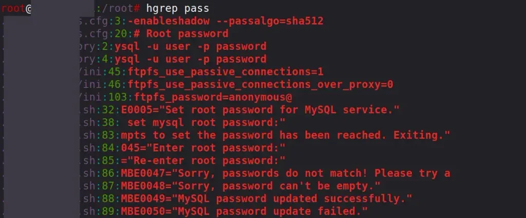 Busca por credenciais com hgrep pass encontrando arquivos com palavras-chave sensíveis