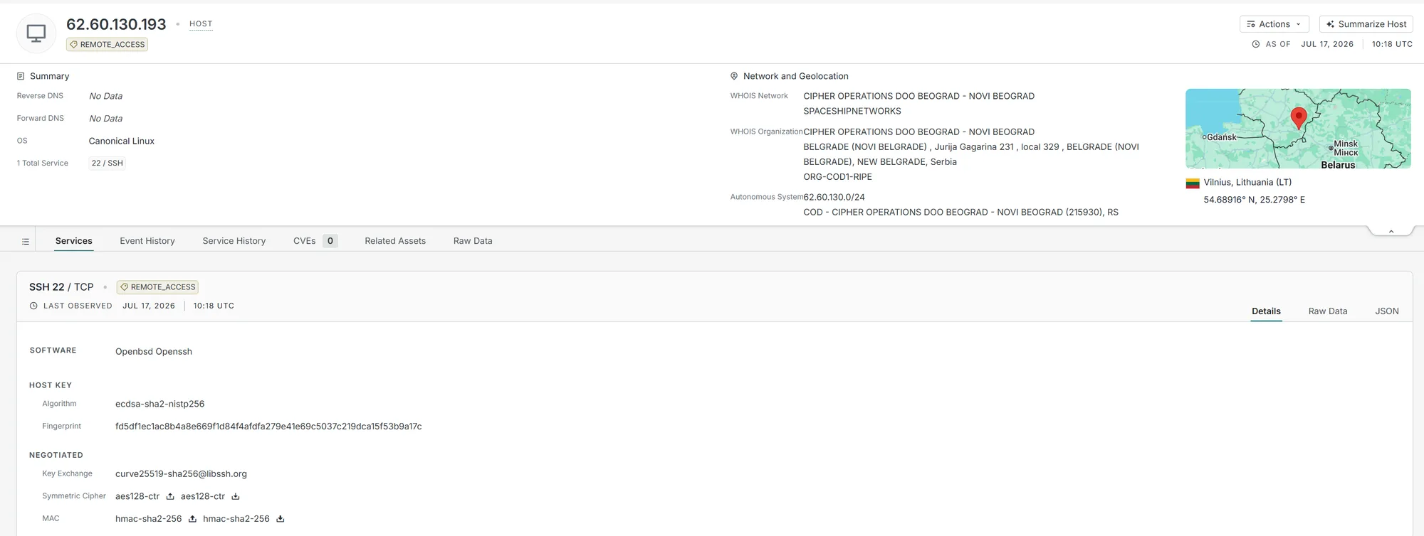 Censys mostrando host Ubuntu em Vilnius rodando apenas OpenSSH — sem serviços adicionais