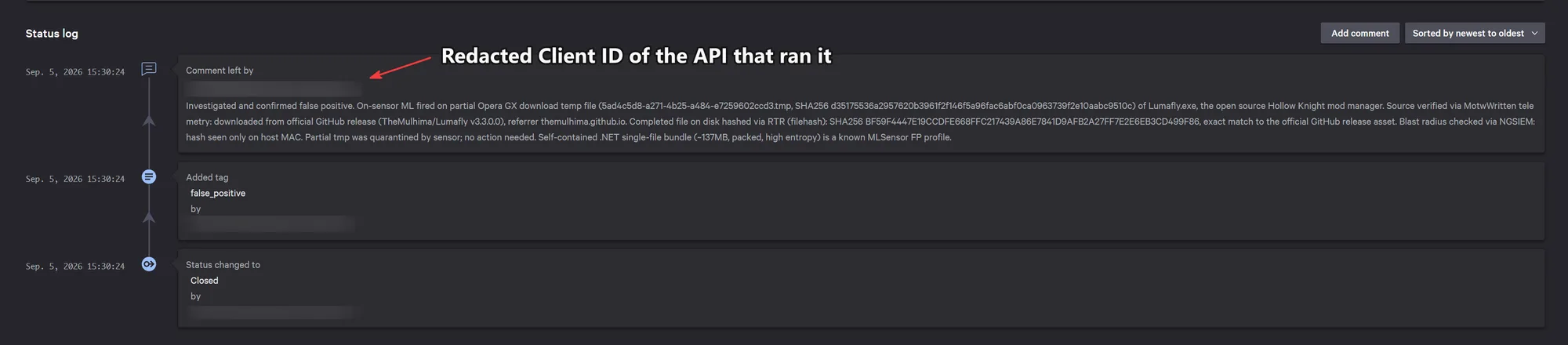 Sessão RTR executando filehash no Lumafly.exe e confirmando match com release oficial