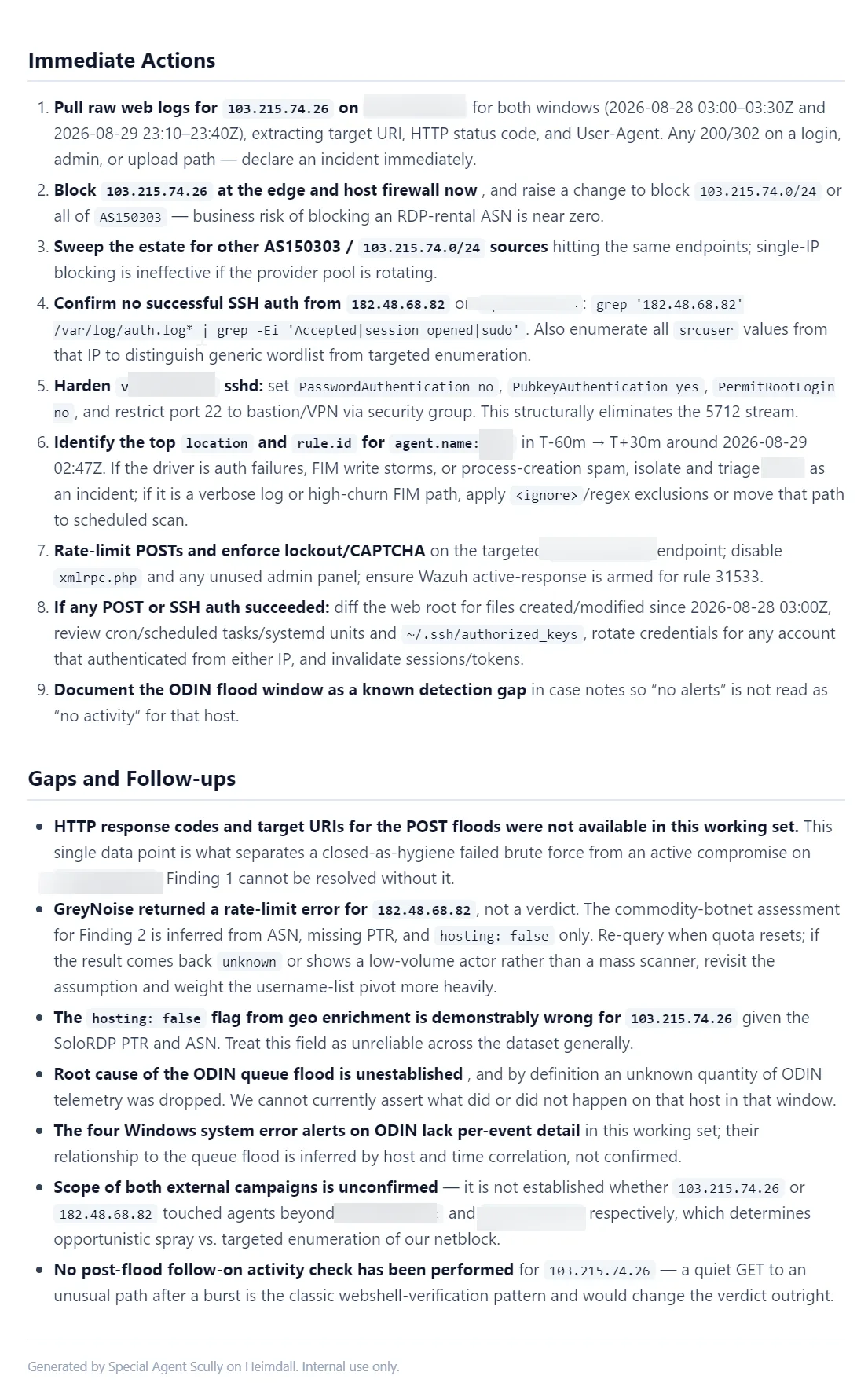 E-mail completo renderizado: header escuro, tabelas, monospace para IPs/rule IDs, verdict badges