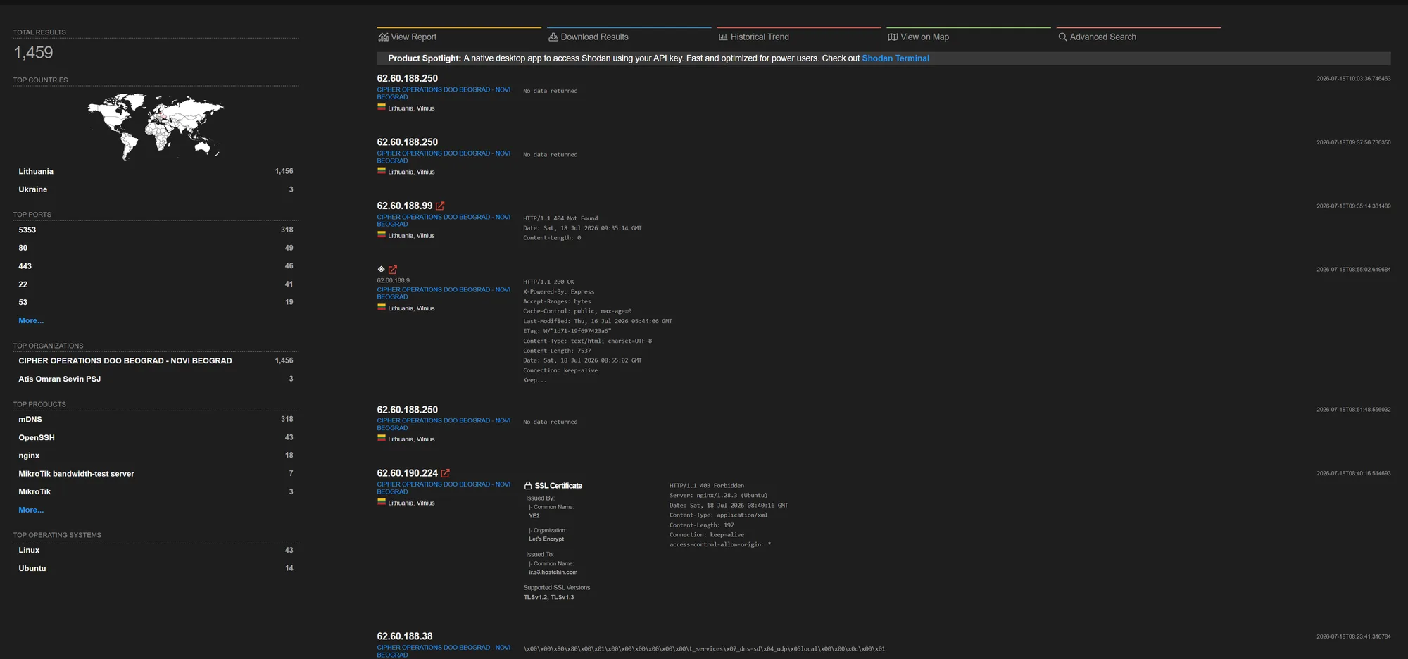Shodan mostrando AS215930 com 1.452 hosts mas apenas 41 SSH e 49 HTTP visíveis — padrão não condiz com hosting legítimo