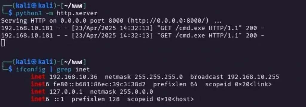 Servidor HTTP Python servindo payload para execução remota