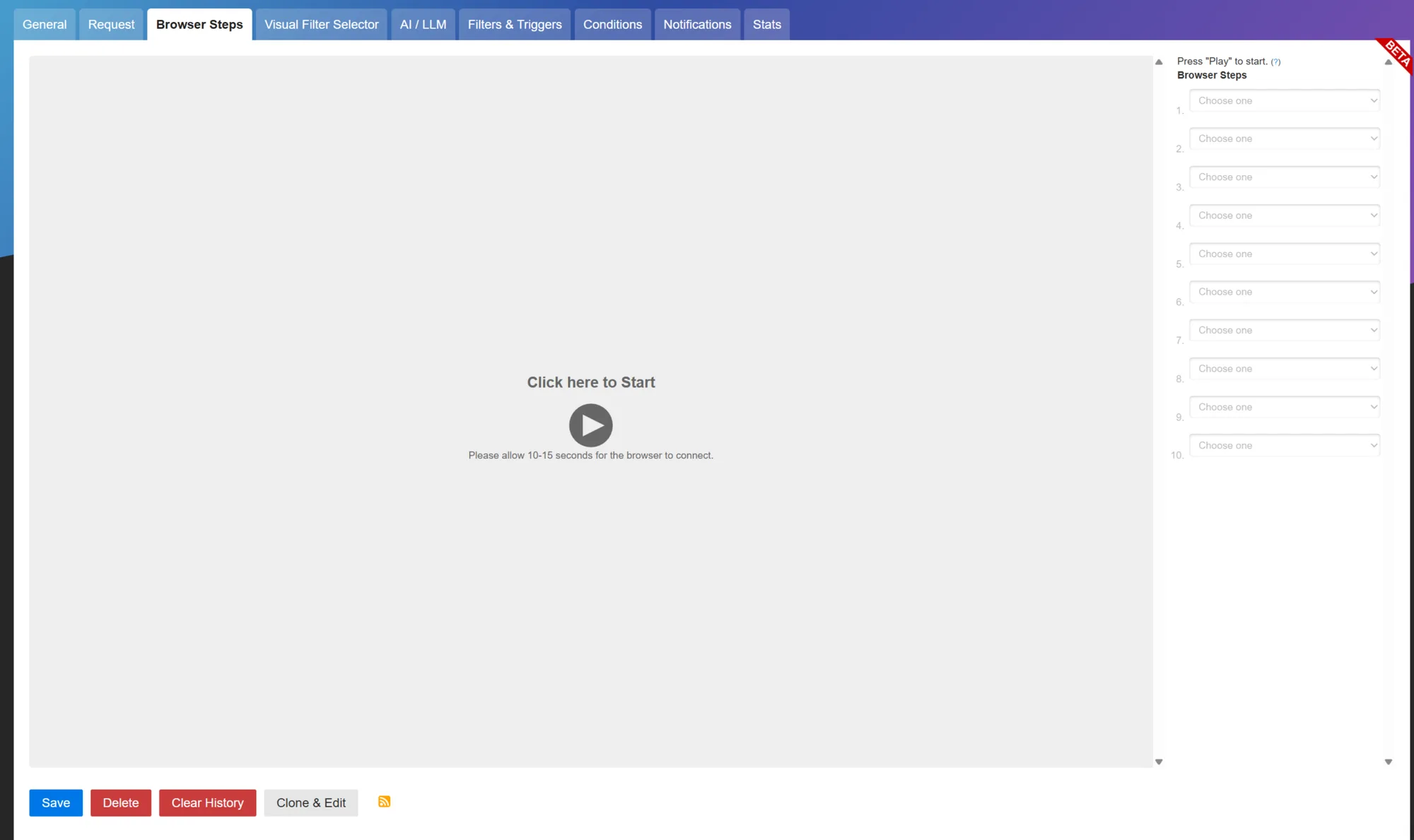 Interface de Browser Steps do Changedetection para automação de login