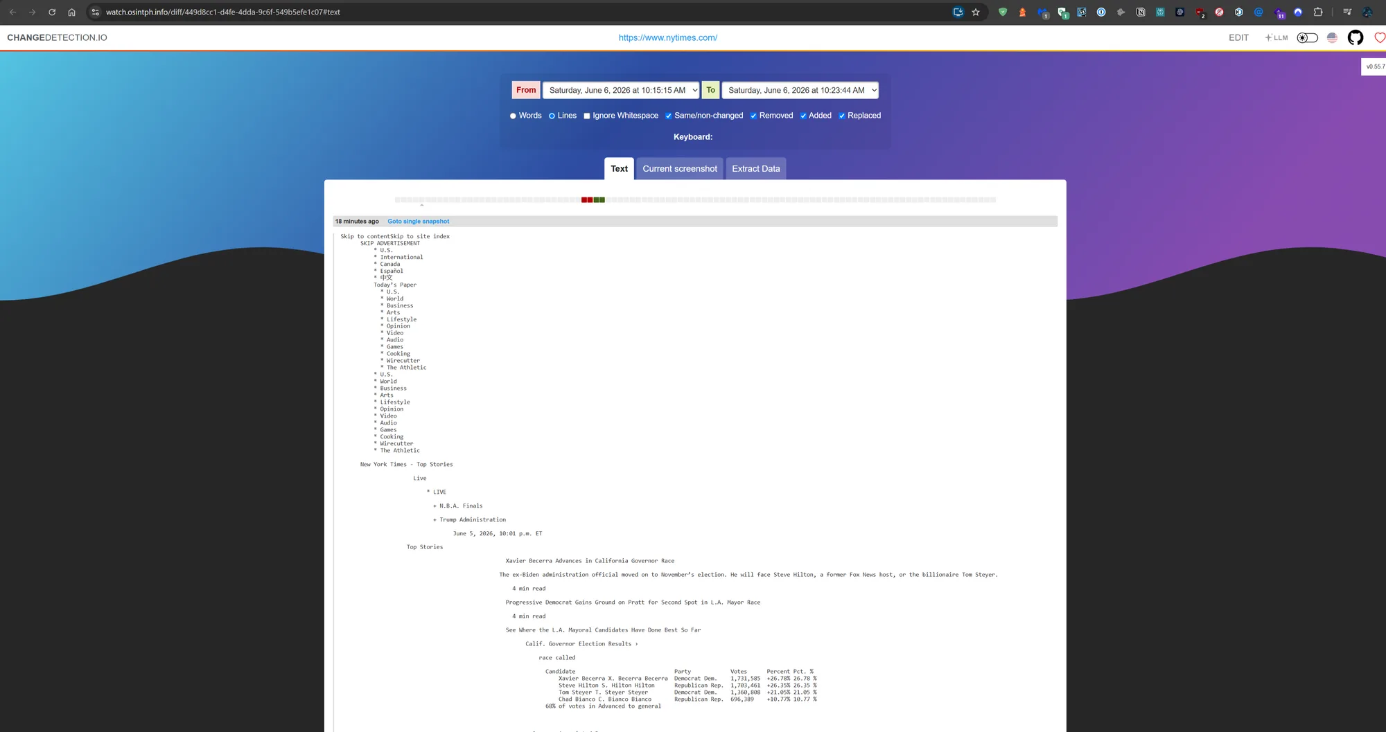 Exemplo de diff visual lateral no Changedetection mostrando alteração em artigo
