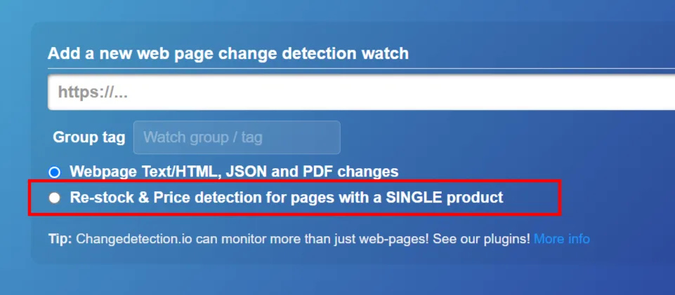 Monitoramento de marketplace com detecção de preço e restock no Changedetection