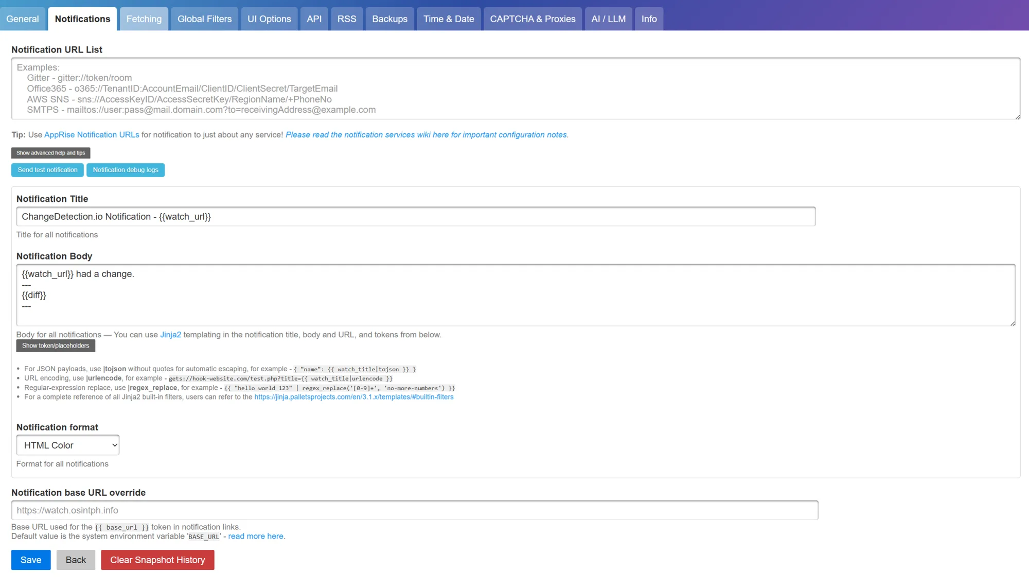 Configuração de notificações Apprise no Changedetection (ntfy, Telegram, Discord, webhook)