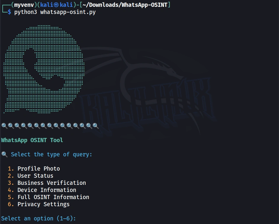 Tela principal do menu WhatsApp-OSINT com 6 opções de enumeração