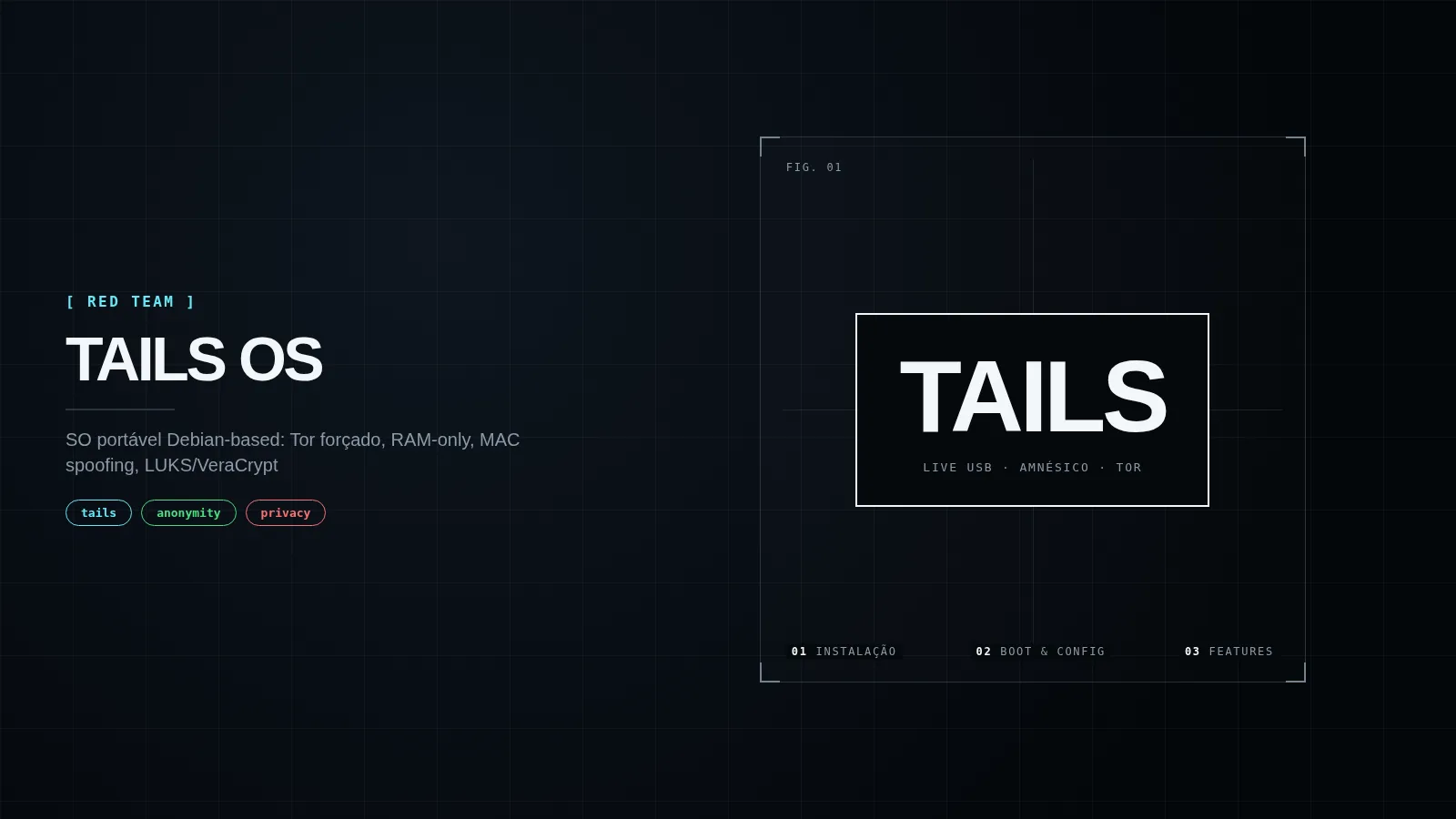 Capa editorial com o Tails em destaque como objeto central e a legenda Live USB, amnésico e Tor